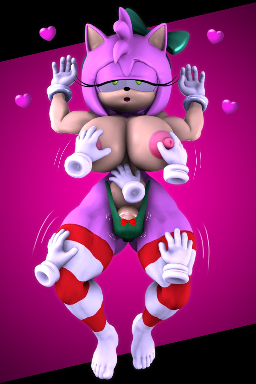 3d ambiguous_gender amy_rose big_breasts big_thighs bulge christmas christmas_clothing disembodied_hand disembodied_hands elf_costume floating_hands futanari futanari/ambiguous multiple_characters offscreen_character sonic_(series) theashsfm wide_hips