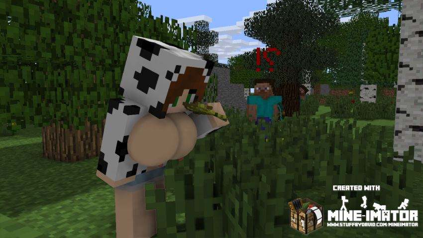 1girls 2boys 3d big_breasts cow_girl forest herobrine mine-imator minecraft steve_(minecraft) tagme