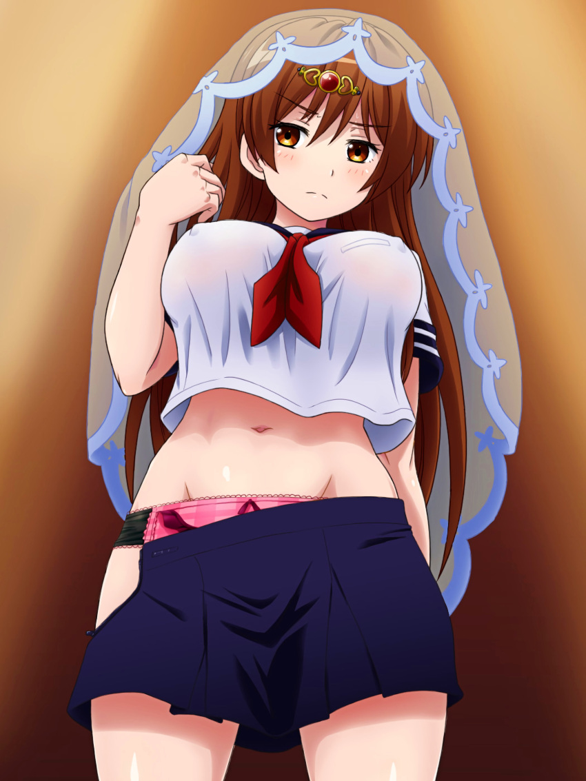 1girls absurdres breasts brown_hair chuunibyou_demo_koi_ga_shitai! clothes_pull covered_erect_nipples covered_nipples groin hair_ornament highres huge_breasts mameshiba navel nibutani_shinka panties shawl skirt skirt_down solo standing underwear