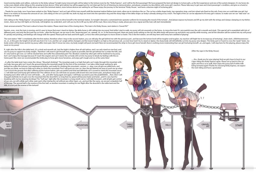 2girls absurdres arms_behind_back ball_gag bangs bondage breasts breasts_out brown_hair directional_arrow engrish femsub full_body garter_straps gloves groping hard_translated lamb_(artist) large_breasts leaning_forward looking_at_viewer male_hand midriff miniskirt motion_lines multiple_girls multiple_subs nipple_clamps nipples no_bra no_shoes one_eye_closed panties pink_panties pleated_skirt ponytail sex_machine short_hair simple_background skirt_lift standing text thighhighs tiptoes translated typo walking white_background white_gloves wooden_horse