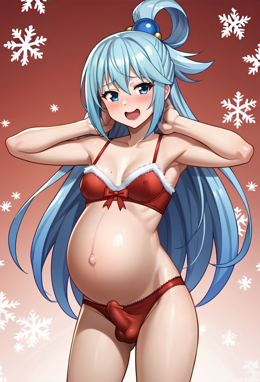 1futa ai_generated aqua_(konosuba) blue_eyes blue_hair blush bra bulge christmas erection floral_background futanari gradient gradient_background hair_ornament kono_subarashii_sekai_ni_shukufuku_wo! light-skinned_futanari light_skin long_hair looking_at_viewer navel open_mouth panties penis pregnant pregnant_futa small_penis snowflake_background snowflakes solo testicles underwear