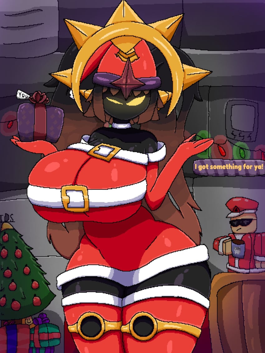 1girls 2d 2d_(artwork) 2d_artwork background_character big_breasts black_body blocky_body breasts christmas christmas_outfit commander_(tds) female female_focus female_only girl huge_breasts large_breasts missingnok not_porn roblox roblox_game robloxian sfw tagme the_umbra thick_thighs thighs tower_defense_simulator