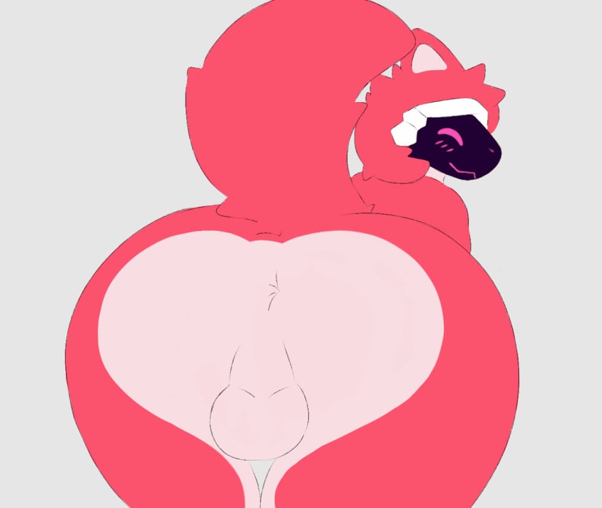 animated anthro anus ass balls big_butt flat_colors fur furry furry_male genitals k0_bemy machine male multicolored_body presenting presenting_anus presenting_balls presenting_hindquarters protogen red_body red_fur simple_background solo tail two_tone_body visor