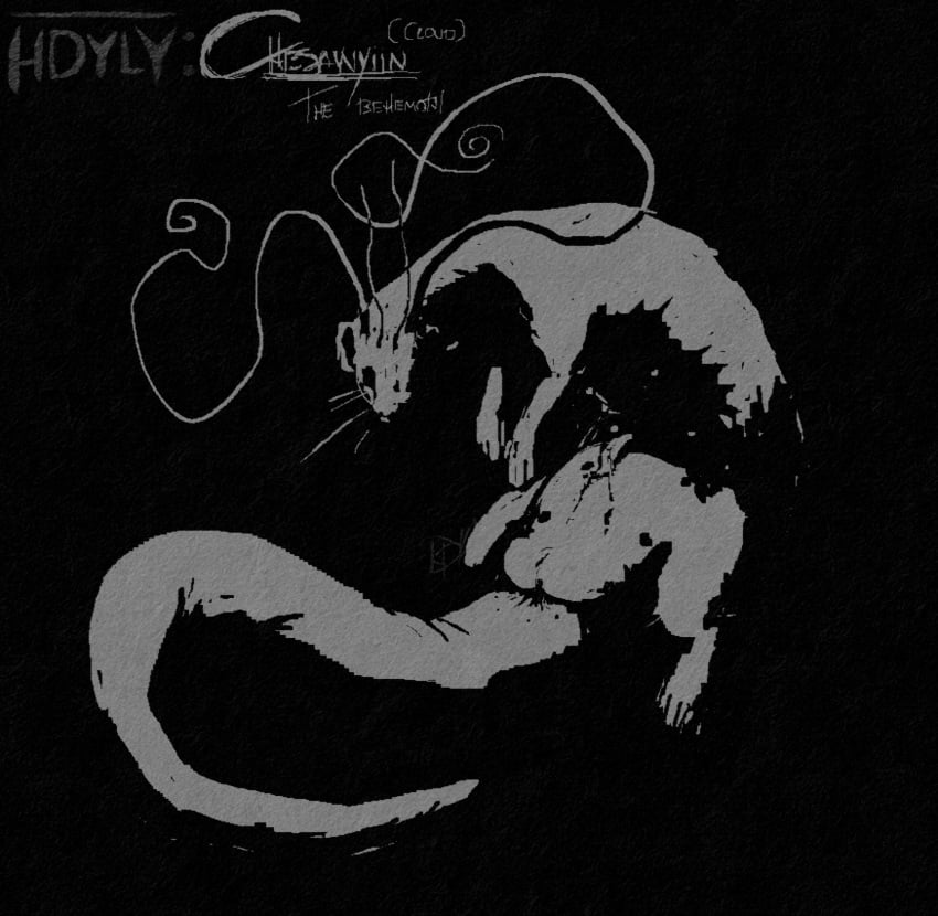 animal_genitalia animal_penis antennae_(anatomy) artist_logo artist_name balls bodily_fluids chesawyiin_(cloudweaver) digital_media_(artwork) english_text erection feral genital_fluids genitals hdyly hi_res logo long_ears long_limbs long_tail male mammal monochrome multi_nipple mustelid mustelid_penis nipples paws penis shaded sheath signature simple_background simple_shading solo tail text