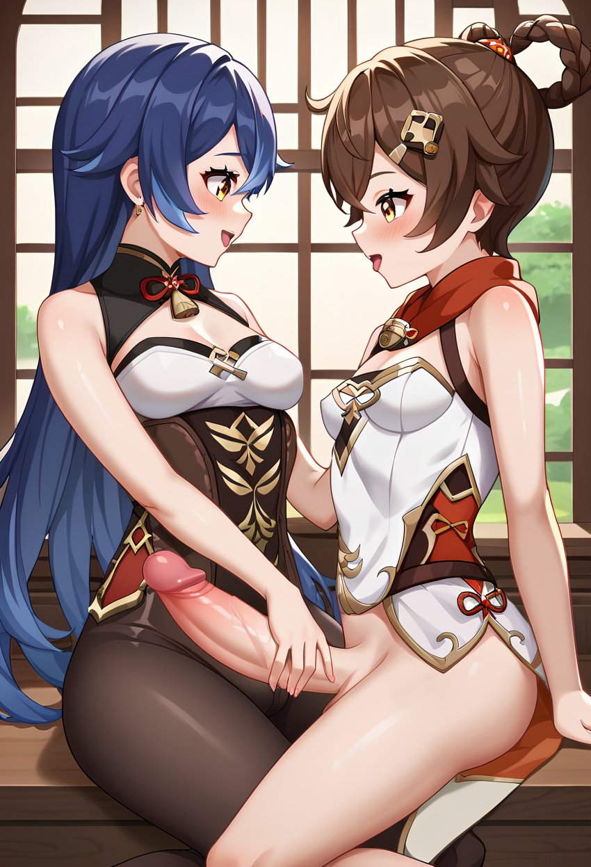 2girls ai_generated bangs bare_shoulders blue_hair blush breasts brown_hair china_dress chinese_clothes cleavage cleavage_cutout dress earrings erection eye_contact futa_with_female futa_with_futa futanari genshin_impact hair_ornament hairclip handjob huge_cock indoors jewelry large_penis long_hair looking_at_another medium_breasts multiple_girls multiple_penises open_mouth penis penises_touching sitting sleeveless smile straight thighs uncensored veins veiny_penis window xiangling xiangling_(genshin_impact) yellow_eyes