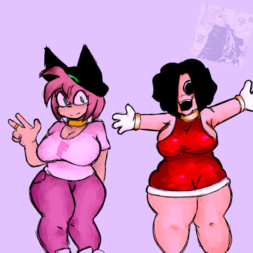 amy_rose baddie breasts commission friday_night_funkin fully_clothed jujutsu_kaisen nervous satoru_gojo sfw sonic_(series) stephanie_(friday_night_funkin) stephanie_crawford swapped_clothes thighs tweaking wide_grin zeezuu