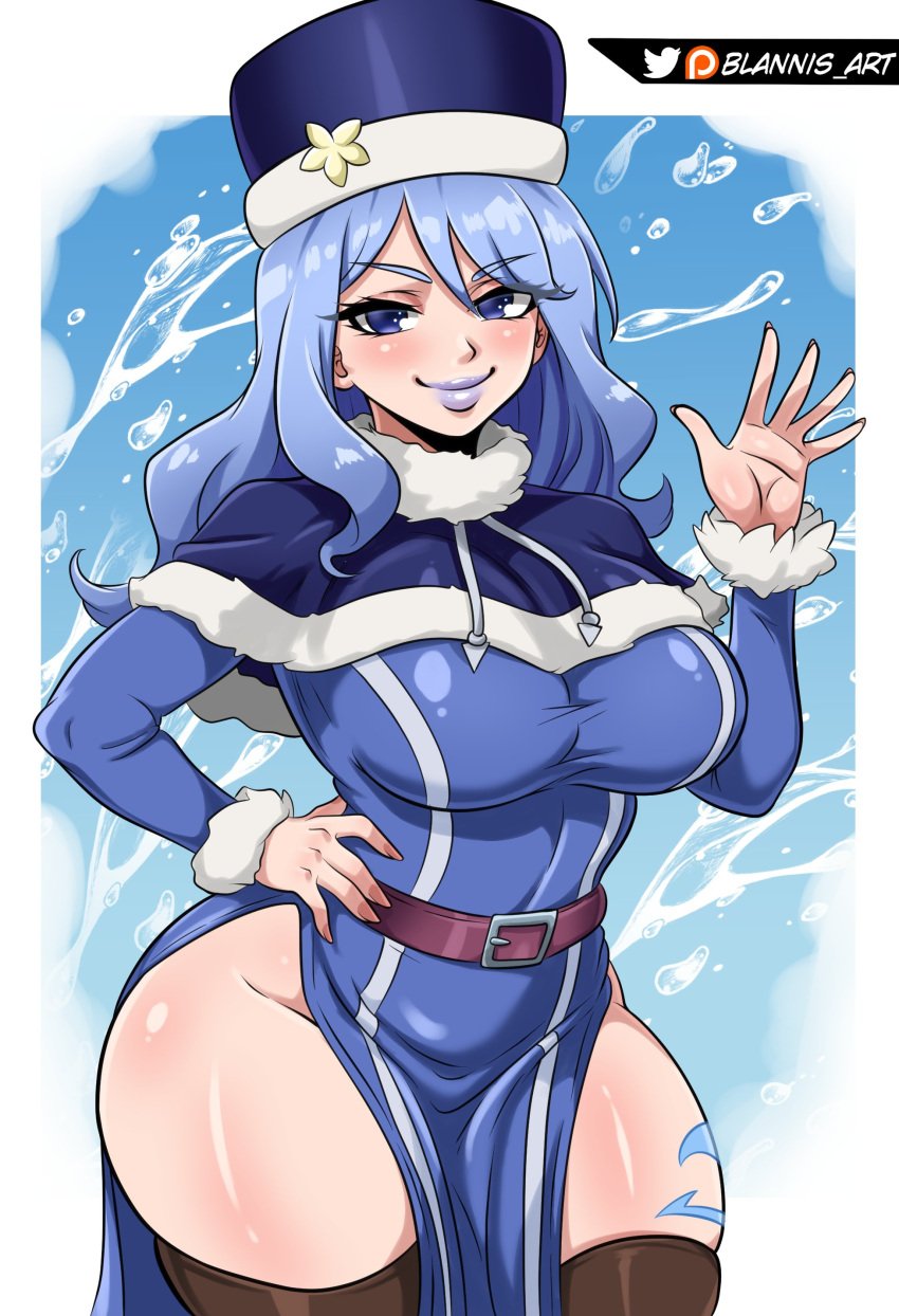 1girls absurd_res blannis_art breasts fairy_tail female female_only hi_res juvia_lockser large_breasts light-skinned_female light_skin lipstick looking_at_viewer skindentation solo thick_thighs thighhighs thighs wide_hips