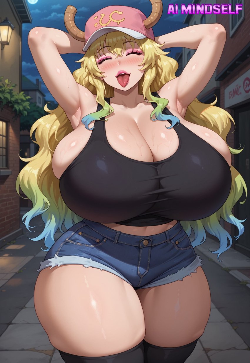 ai_generated aimindself alley armpits arms_behind_head arms_up ass bangs bare_shoulders baseball_cap bimbo bimbofication black_legwear black_shirt black_tank_top black_thighhighs blonde_hair blue_hair blue_shorts blush breasts building city cleavage closed_eyes clothing cloud crop_top curv curvaceous cutoffs denim denim_shorts dragon dragon_girl dragon_horns dragon_maid enormous_breasts facing_viewer female female_focus female_only gigantic_breasts gradient_hair green_hair hands_up hat headwear horns horns_through_headwear hourglass_figure huge_ass huge_breasts lamppost large_breasts legwear light-skinned_female light_skin long_hair looking_at_viewer makeup massive_breasts midriff miss_kobayashi's_dragon_maid monster_girl moon multicolored_hair navel night night_sky open_mouth outdoors pink_headwear pov quetzalcoatl_(dragon_maid) road shiny_hair shiny_skin shirt short_shorts shorts skin_tight skindentation sky sleeveless smile solo solo_female standing street sweat tank_top thick_thighs thigh_gap thighhighs thighs tight tongue tongue_out voluptuous wide_hips