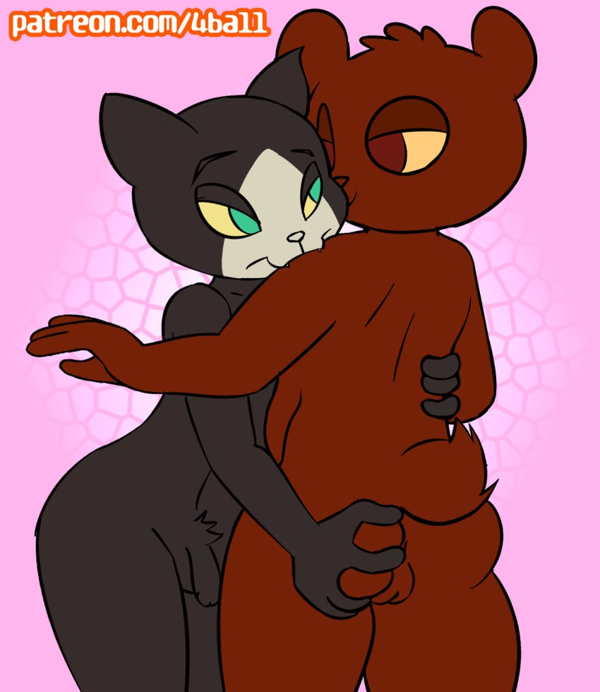 anthro anus ass balls bear bite black_fur brown_fur butt_grab danny_(nitw) feline female fourball fur hand_on_ass hi_res male mammal multicolored_fur night_in_the_woods penis pussy selmers_(nitw) straight two_tone_fur white_fur yellow_sclera