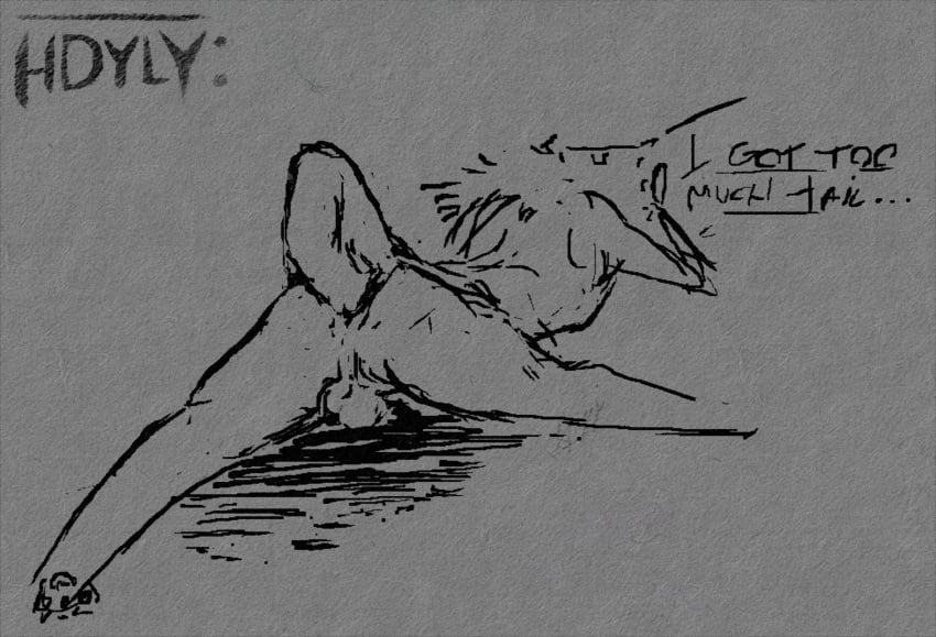 animal_genitalia anthro artist_logo artist_name autopenetration balls cryptid dialogue english_text genitals hdyly hi_res logo long_tail male mammal masturbation monochrome neck_tuft paws penetration seraphix sex shaded sheath signature simple_background simple_shading solo tail tail_fetish tail_play tail_sex tail_tuft text tuft