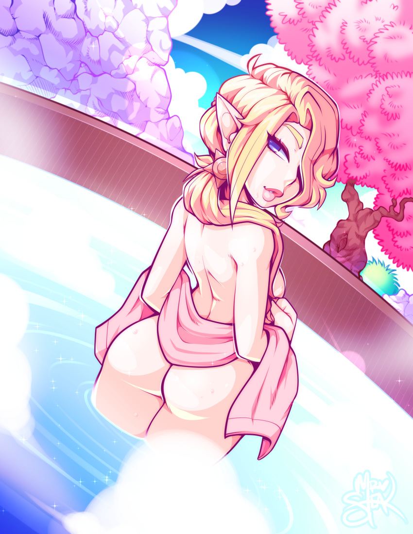 ass back blonde_hair blue_eyes breasts dutch_angle elf eyeshadow female hair_ornament hair_over_one_eye highres long_hair looking_back makeup mrsteak nude onsen original pointy_ears ponytail sideboob solo steam water