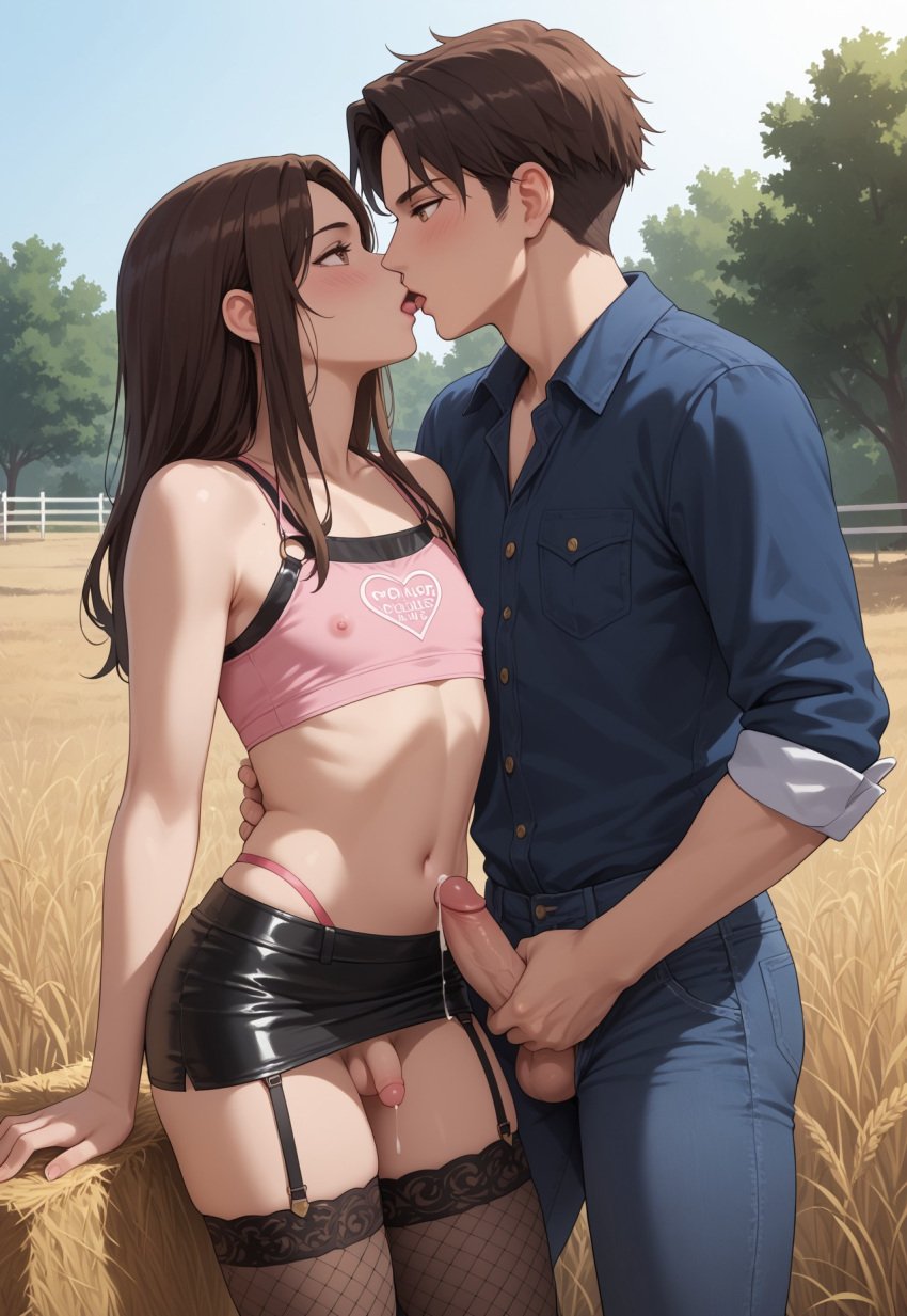 2boys ai_generated brown_eyes brown_hair cum_drip femboy flaccid flaccid_penis garter_straps germansissy kissing male male/male male_only outdoors pink_clothing precum sissy skirt small_penis stockings thighhighs