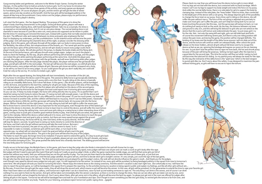 absurdres arms_behind_back bangs bare_legs between_breasts blue_dress blue_ribbon body_writing bondage breasts brown_hair cleavage closed_eyes cum cum_on_breasts disembodied_penis dress_lift engrish facial female full_body hair_bun hair_ribbon ice_skates ice_skating kneeling lamb_(artist) large_breasts looking_at_viewer looking_back male_hand multiple_views no_bra one_eye_closed panties penis pussy_juice pussy_juice_trail riding sex_machine short_dress short_hair simple_background solo standing straddling tally text typo white_background white_panties wooden_horse