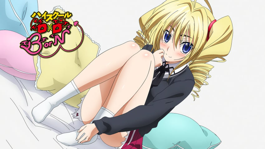 1girl anime_screenshot bed bed_sheet blonde_hair blue_eyes blush clothing copyright_name demon_girl drill_hair eyecatch feet female female_focus footwear hair_ornament hands_on_feet hd hd_(traditional) hi_res high_school_dxd high_school_dxd_-_eyecatcher high_school_dxd_born indoors kuoh_academy_school_uniform legwear light_skin long_hair looking_at_viewer no_shoes official_art pillow purple_skirt ravel_phenex school_uniform screen_capture sitting skirt smile socks solo tied_hair twintails uniform white_legwear white_socks