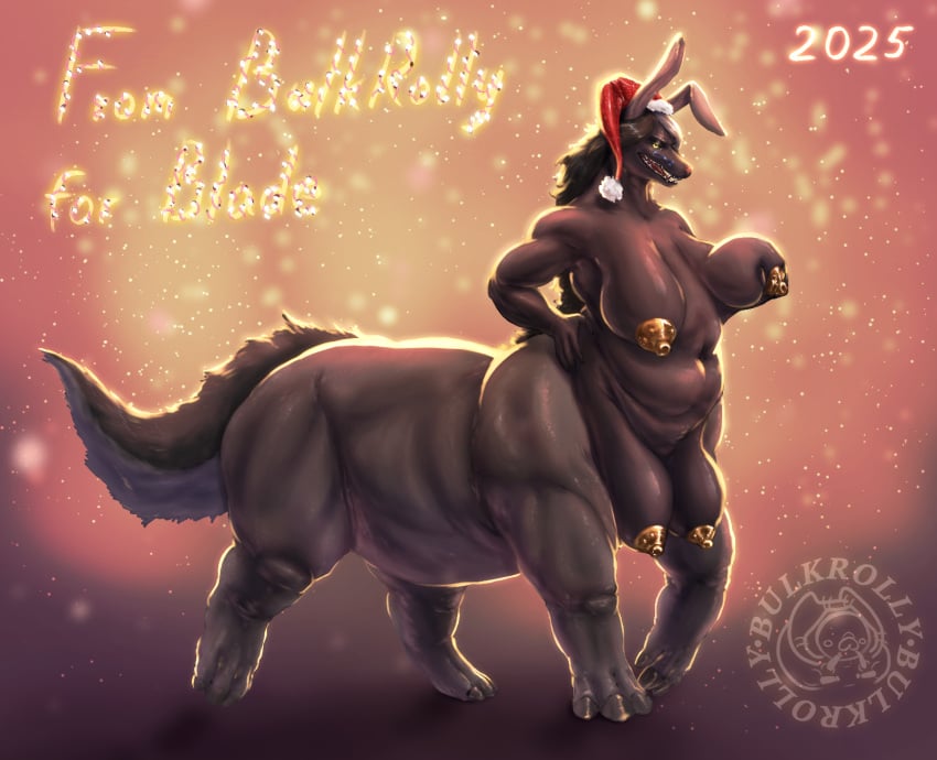 4_breasts anthro ass belly big_breasts big_butt black_body black_hair breast_grab breast_squish breasts bulkrolly busty_feral canid canine canis chimera christmas christmas_clothing christmas_headwear claws clothing common_hippopotamus female feral folds gold_(metal) gold_nipples hair hand_on_breast hat headgear headwear hi_res hippopotamid holidays hybrid interspecies jackal lagomorph leporid mammal multi_breast navel nude overweight rabbit rabbit_ears santa_hat sharp_teeth slightly_chubby solo squish taur teeth