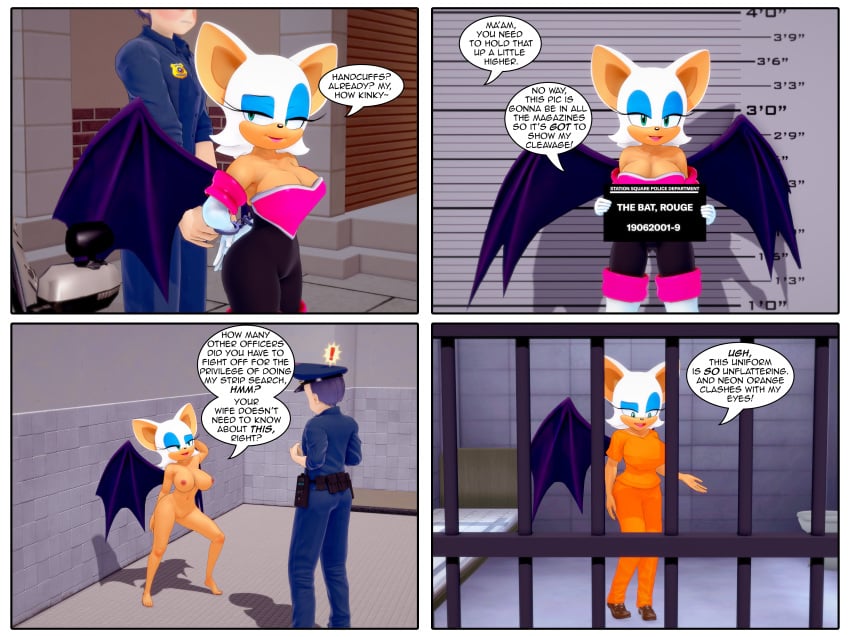 3d absurd_res anthro bat bat_wings big_breasts breasts cleavage clothed clothing cmnf comic cuff_(restraint) digital_media emanata female genitals group handcuffs hi_res human large_breasts male male/female mammal membrane_(anatomy) membranous_wings metal_cuffs misunderstoodsecrets mugshot offscreen_character police police_officer police_uniform prison prison_cell prison_uniform prisoner pussy restraints rouge_the_bat sega shaved_pussy sonic_(series) sonic_the_hedgehog_(series) strip_search uniform wings