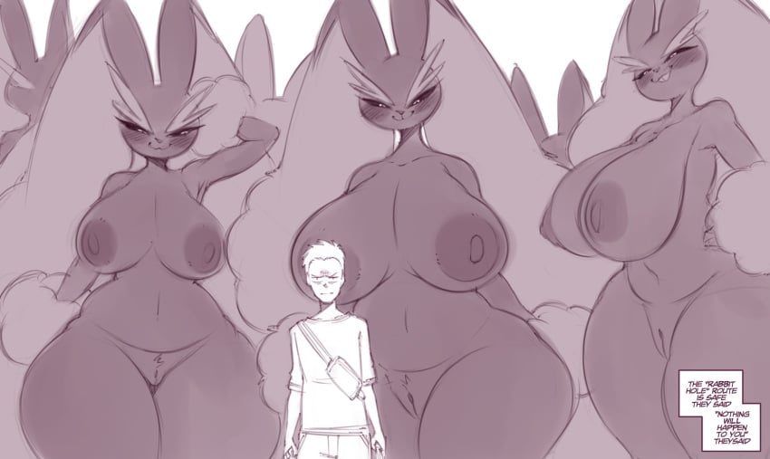 :3 alpha_lopunny alpha_pokemon anthro areola ass big_breasts big_butt biped blush breast_size_difference breasts breasts_bigger_than_head buckteeth closed_smile clothed clothing curvy_figure dialogue digital_drawing_(artwork) digital_media_(artwork) english_text eyebrows female front_view fur generation_4_pokemon genitals group half-closed_eyes hi_res huge_breasts huge_butt huge_hips human imminent_sex larger_anthro larger_female looking_at_another looking_at_viewer lopunny male mammal mouth_closed narrowed_eyes naughty_face navel nintendo nipples non-human_areolae nude pokemon pokemon_(species) pose pussy saltyxodium size_difference smaller_human smaller_male smile standing teeth text thick_thighs wide_hips