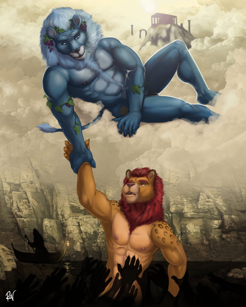 2016 5_fingers abs anthro biceps biped black_fur black_nose black_penis black_spots blue_eyes blue_fur blue_mane blue_nipples blue_tail boat body_hair brown_fur chest_hair cloud countershade_face countershade_torso countershading digital_media_(artwork) dionysus disembodied_hand duo_focus eyebrows feline flaccid food fruit fur gondola grapes greek_mythology group happy_trail heaven hi_res hybrid leopard lion lukerative lying male male_only mammal mane muscular muscular_male mythology nipples nude on_side open_mouth pecs penis pink_eyes pink_mane pink_nipples river rov serratus signature silhouette sky spots spotted_fur sun tail_tuft tan_countershading tan_fur tuft vehicle vines yellow_sclera