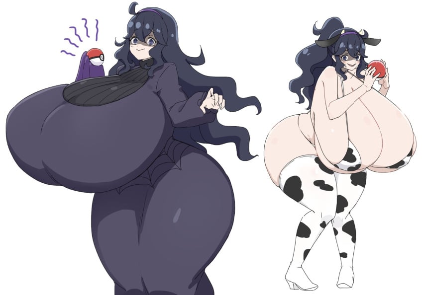 1girls ahoge alternate_breast_size antenna_hair antennae big_breasts blush breasts_bigger_than_head breasts_bigger_than_torso busty cleavage cloth cow_ears cow_girl cow_horns cow_print cow_print_bikini cow_print_legwear curvy curvy_figure female gamefreak gigantic_breasts hairband heels hex_maniac holding_poke_ball huge_breasts hyper_breasts large_breasts legwear looking_at_viewer massive_breasts messy_hair micro_bikini pokeball pokemon print_bikini purple_eyes purple_hair sabanotami shaded_face simple_background small_bikini smiling smiling_at_viewer solo stink_lines stockings sweat thick_thighs thighhighs thighs voluptuous white_background white_heels