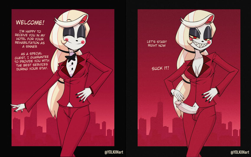 1futa charlie_morningstar_(hazbin_hotel) clothed clothing comic erection fully_clothed futadom futadom_caption futanari hazbin_hotel mostly_clothed penis smile solo source_request text trap vivienne_medrano vivziepop yolkiin