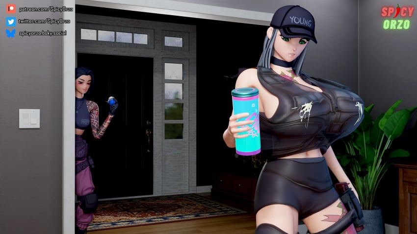 2girls 3d big_breasts big_thighs breasts busty chigusa_(fortnite) clothed clothed_female clothing female female_only fortnite gigantic_breasts huge_breasts huge_thighs lactation large_breasts large_thighs massive_breasts megumi_(fortnite) misterorzo navel thick_thighs thighs