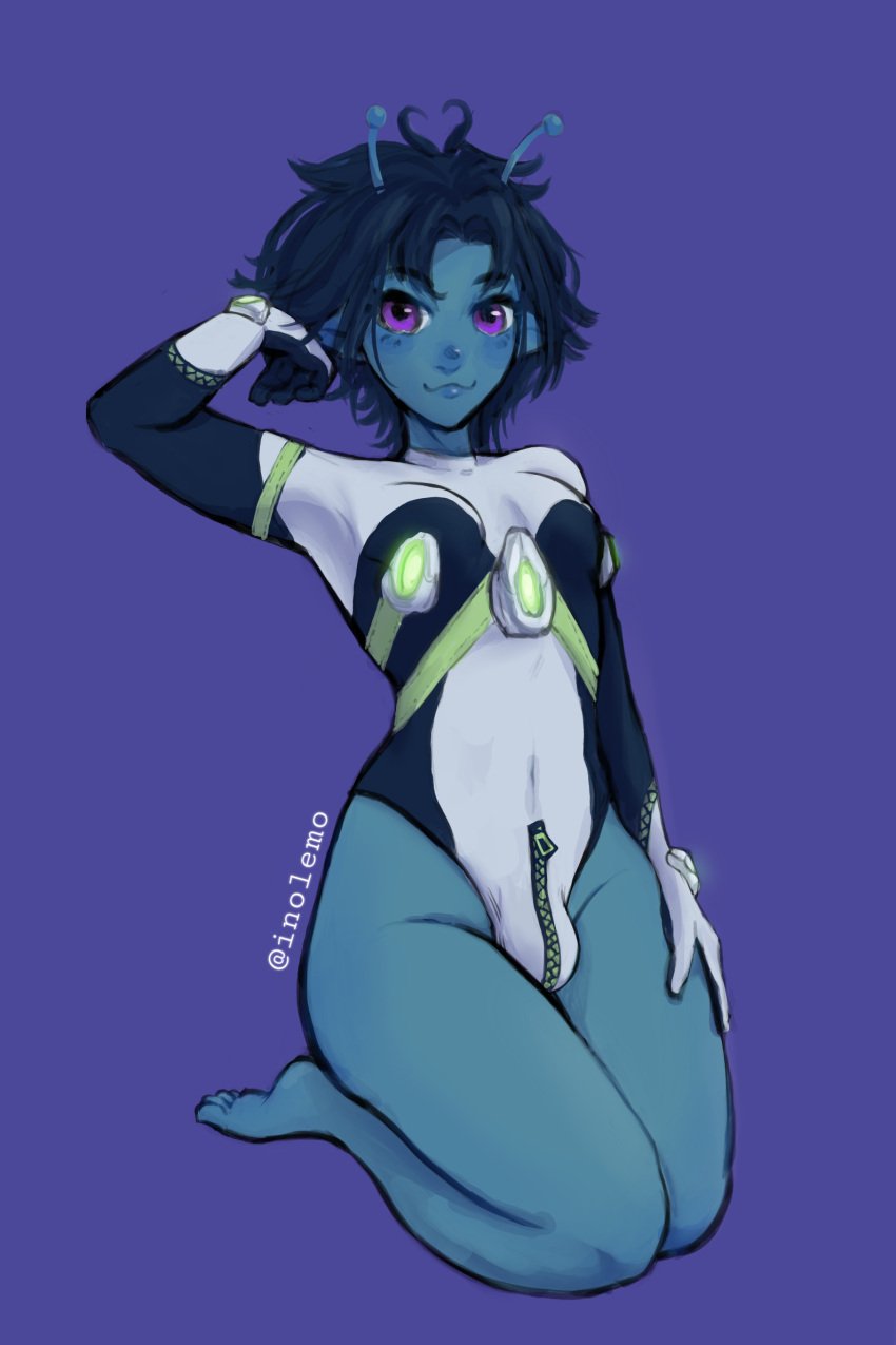 alien alien_boy alien_femboy antennae barefoot blue_hair blue_skin boy_tits bulge bulge_through_clothing clothed elf_ears femboy femboy_focus femboy_with_breasts gloves hair_flip inolemo kepler_(inolemo) kneeling purple_eyes skintight solo_femboy spacesuit thick_thighs zipper