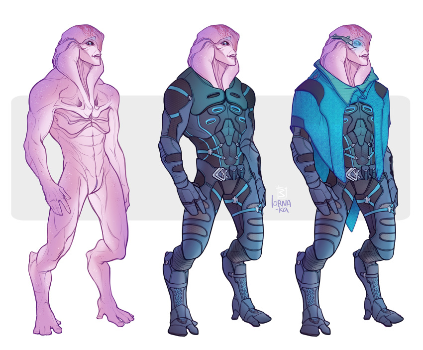 alien angara animal_genitalia armor blue_eyes cape clothed clothing fully_clothed genital_slit humanoid jaal_ama_darav lorna-ka male male_only mass_effect nude pink_skin scar slit smile solo video_games