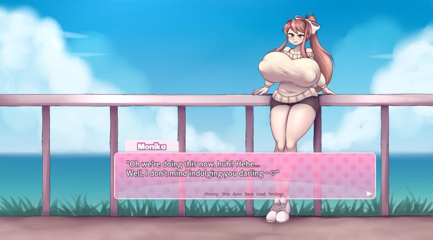 1girls 2023 alternate_version_at_source anime_style areola_bulge big_breasts breast_expansion breast_growth breasts breasts_bigger_than_head brown_hair color ddlc_text_box dialogue doki_doki_literature_club expansion female female_only flirting flirting_with_viewer green_eyes hi_res high_resolution highres human human_only just_monika large_breasts metachoke monika_(doki_doki_literature_club) nipple_bulge not_furry sequence smile smiling solo solo_female sweater talking_to_viewer text text_box thick_thighs vacation white_bow wide_hips