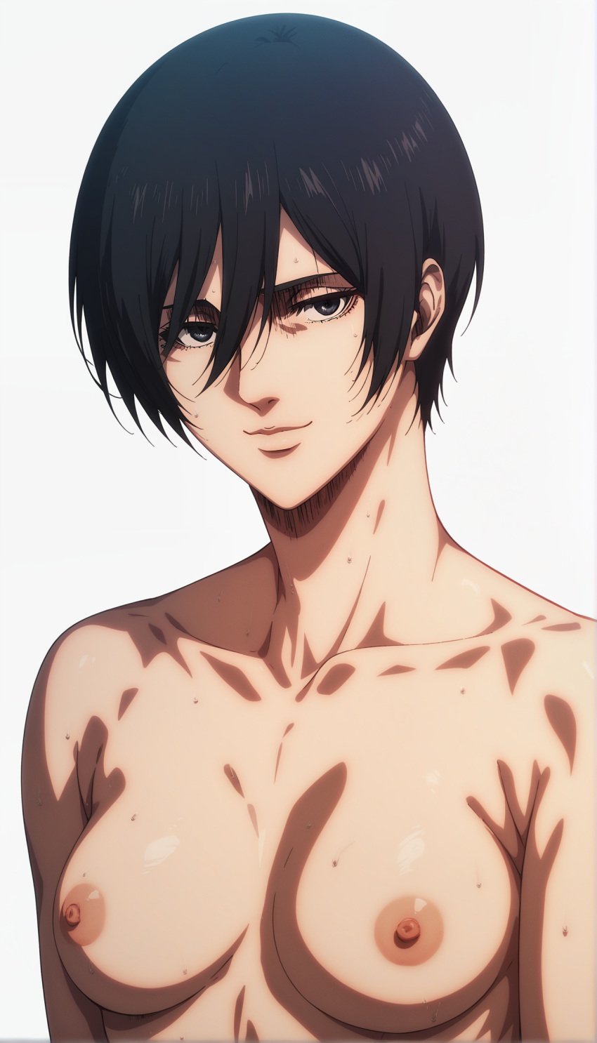 1girl ai_generated attack_on_titan black_eyes black_hair closed_mouth hair_between_eyes high_quality highres looking_at_viewer mappa medium_breasts mikasa_ackerman nude official_style seductive_smile shingeki_no_kyojin short_hair simple_background smile stable_diffusion sweat upper_body white_background