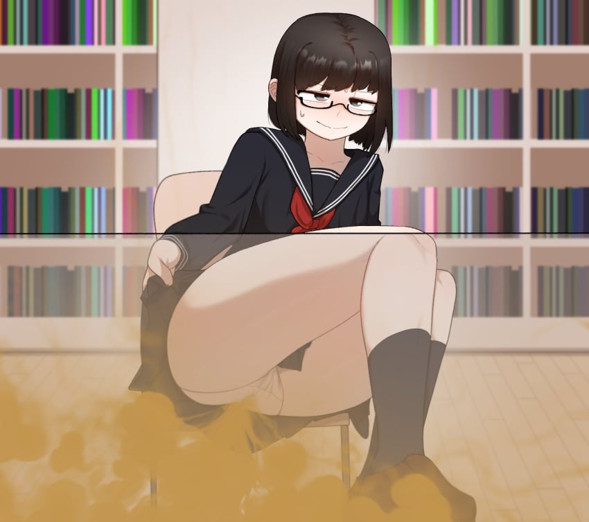 blush fart fart_cloud farting gasbox gassy glasses library nerd panties school_uniform schoolgirl sweat upskirt yakbang