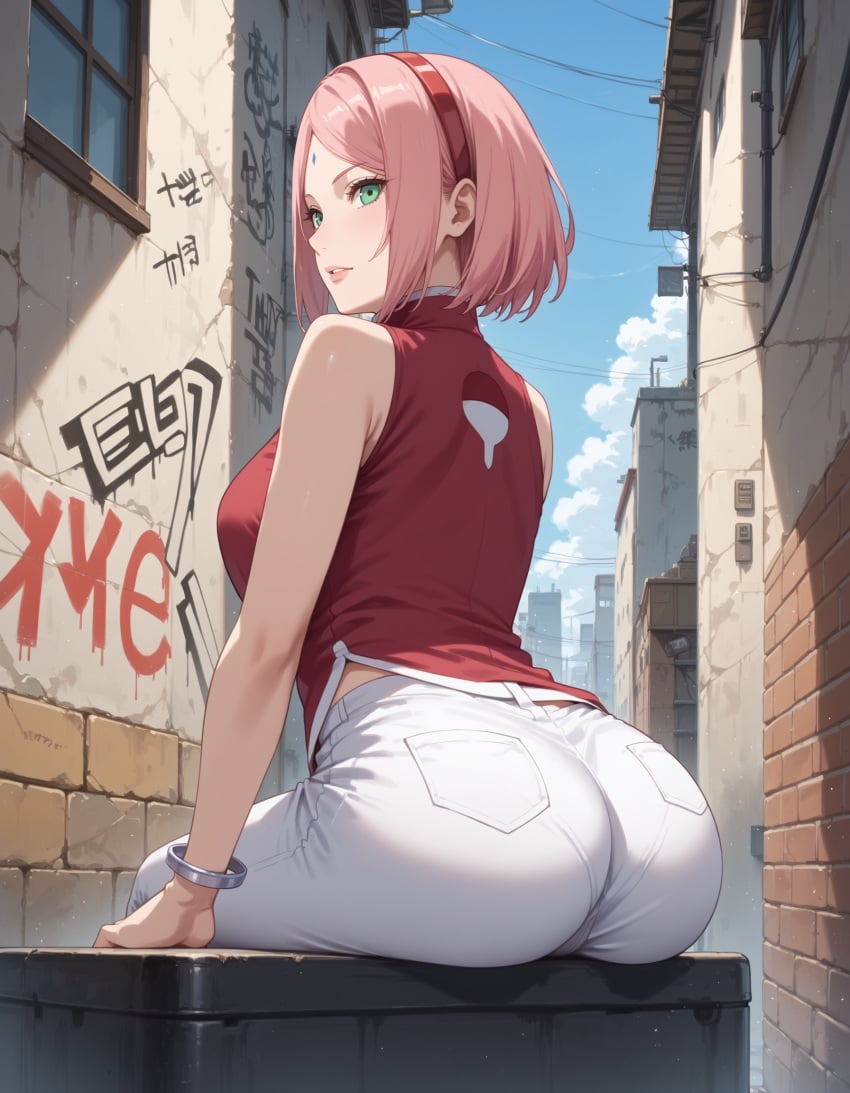 1girls ai_generated ass ass_focus ass_support big_ass blush bob_cut boruto:_naruto_next_generations bracelet breasts bubble_ass bubble_butt china_dress chinese_clothes clothing dress facial_mark female female_focus female_only forehead_mark from_behind graffiti graffiti_on_wall green_eyes hairband huge_ass light-skinned_female light_skin long_hair nai_diffusion naruto naruto_(series) outdoors pants petite pink_hair pinup presenting presenting_ass prostitute prostitution sakura_haruno shoulder_length_hair showing showing_ass showing_off showing_off_ass sleeveless sleeveless_dress smile solo solo_focus stable_diffusion uchiha_symbol upper_body viewed_from_behind waifuinvoker white_skin