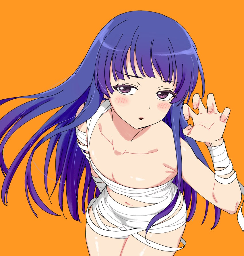 07th_expansion 2024 bandage bangs blue_hair blush female female_focus female_only flat_chest furude_rika halloween high_res higurashi_no_naku_koro_ni light-skinned_female linen_bandage long_hair looking_at_viewer open_mouth orange_background purple_eyes simple_background small_breasts tomato_akase