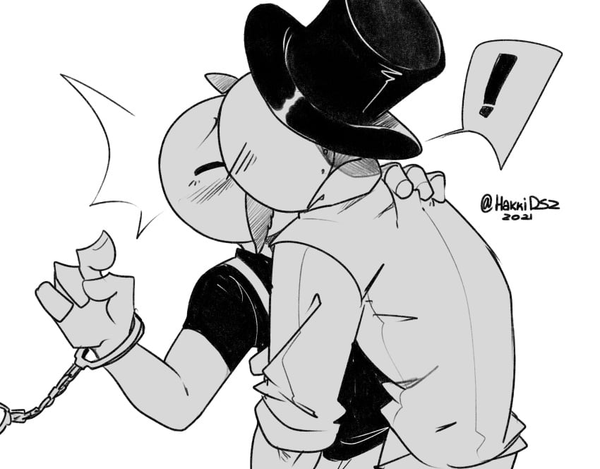 ! 2boys bald blush gay hakkids2 handcuffs hat henry_stickmin henry_stickmin_(game) kissing male_only right_hand_man shirt stickman top_hat tophat yaoi