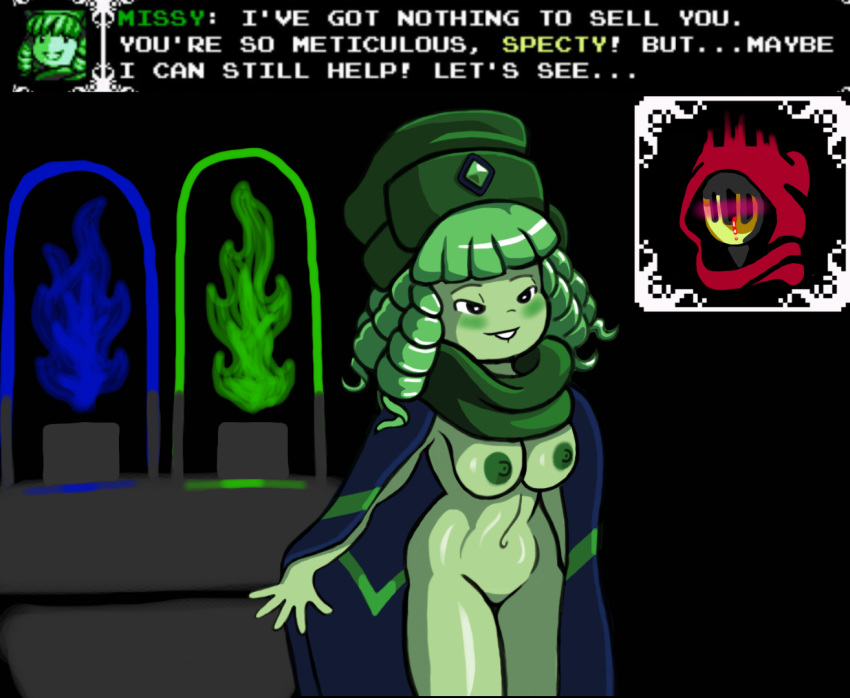 blush breasts cloak clothing green_hair green_skin missy_(shovelknight) nosebleed shovel_knight specter_knight teasing