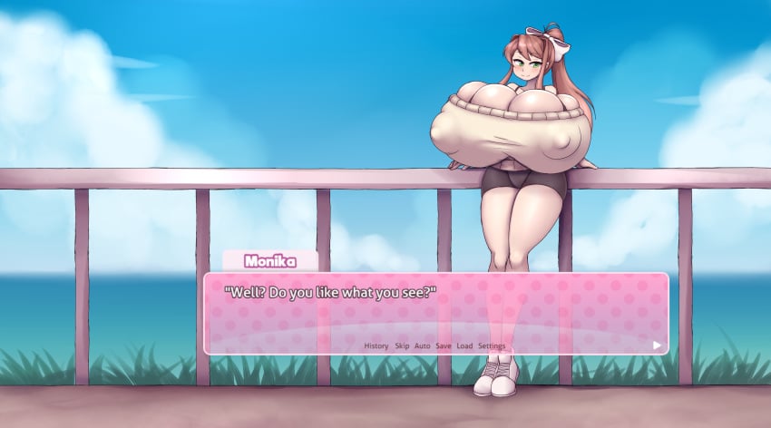 1girls 2023 alternate_version_at_source anime_style areola_bulge big_breasts breast_expansion breast_growth breasts breasts_bigger_than_head brown_hair cleavage color ddlc_text_box dialogue dirty_talk doki_doki_literature_club expansion female female_only flirting flirting_with_viewer green_eyes hi_res high_resolution highres huge_breasts human human_only just_monika large_breasts looking_at_viewer metachoke monika_(doki_doki_literature_club) nipple_bulge not_furry sequence smile smiling smiling_at_viewer solo solo_female sweater talking_to_viewer text text_box thick_thighs tight_clothes tight_clothing vacation white_bow wide_hips