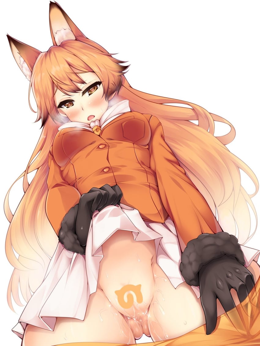 animal_ears ass_visible_through_thighs black_gloves blazer blonde_hair breasts brown_eyes brown_hair censored d: eyebrows_visible_through_hair ezo_red_fox_(kemono_friends) fox_ears from_below fur_trim gloves heart heart-shaped_pupils heavy_breathing highres jacket japari_symbol kemono_friends long_hair looking_down medium_breasts multicolored_hair nksk novelty_censor open_mouth pantyhose pantyhose_pull pleated_skirt pussy pussy_juice skirt skirt_lift sweat symbol-shaped_pupils very_long_hair white_background white_skirt