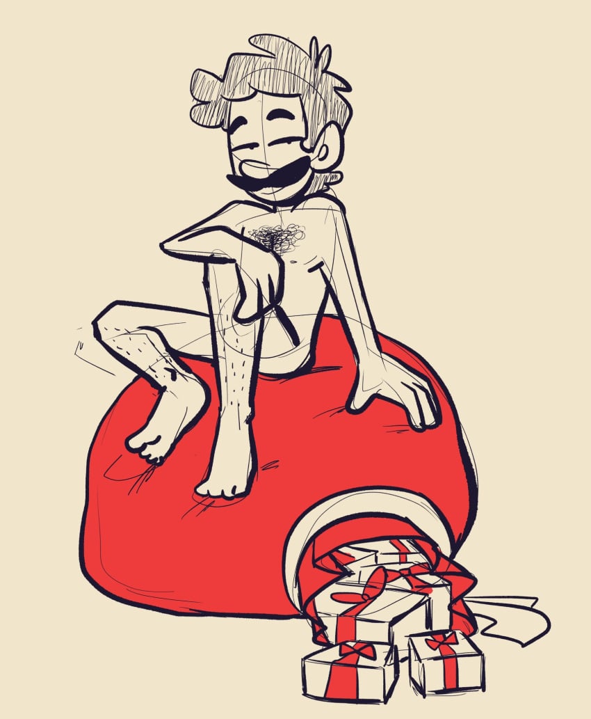 1boy bag bedroom_eyes body_hair chest_hair christmas facial_hair humanoid ilikeluigibooty leg_hair looking_at_viewer luigi male male_only mammal mario_(series) moustache nintendo nude nude_male presents red_bag sitting sketch solo solo_male