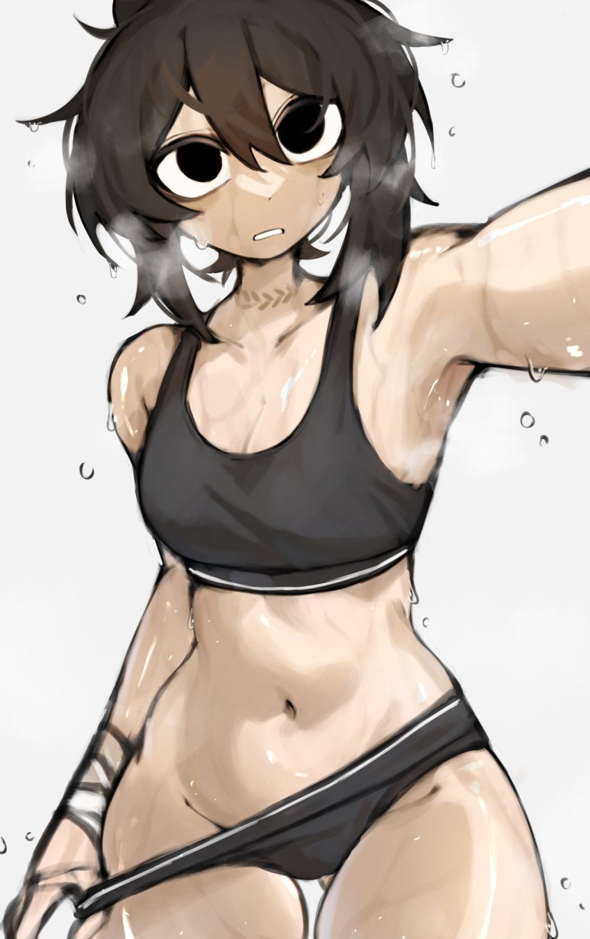 1girls black_eyes black_hair female female_focus female_only light_skin looking_at_viewer original pov shig_(shigezie) shigezie sports_bra sportswear sweat undressing