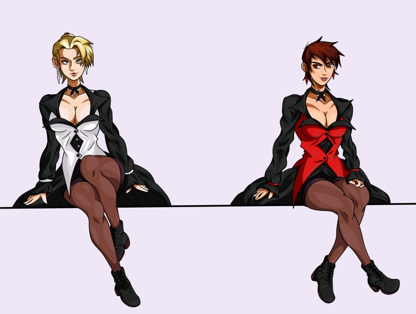 2girls big_breasts blonde_hair blue_eyes breasts brown_eyes brown_hair busty cleavage dress duo earrings elegant elegant_dress female hair_bun king_of_fighters light-skinned_female light_skin long_hair long_sleeves mature_(kof) pantyhose red_clothing seductive seductive_look short_hair shorts skirt smile smiling smiling_at_viewer thick_thighs thighs tied_hair vice_(kof) voluptuous voluptuous_female white_skin wide_hips