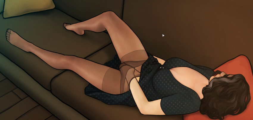 1girls black_hair blacktoad clothing couch cutout dress female female_only masturbation pantyhose solo the_night_driver