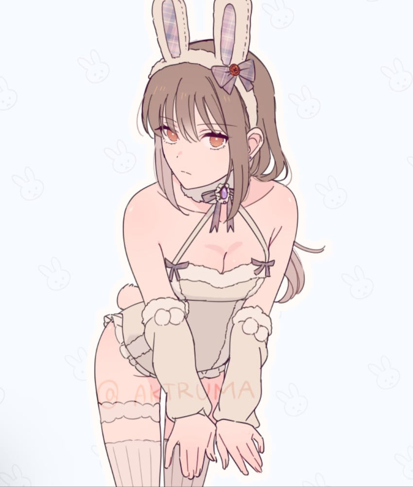 aktruma alternate_costume arm_warmers brown_eyes brown_hair bunny_ears bunny_girl bunny_tail bunnysuit cleavage expressionless fake_animal_ears female female_only gintama leaning_forward light_brown_hair lingerie long_hair looking_at_viewer low-tied_long_hair medium_breasts mutsu_(gintama) pale-skinned_female pale_skin solo thighhighs