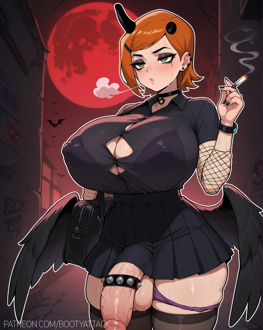 1futa ai_generated alley bag ben_10 big_nipples bootyattack bored bra cleavage dickgirl futa_only futanari ginger goth green_eyes gwen_tennyson huge_breasts low_wings night orange_hair outdoors panties_down see-through short_hair smoking solo solo_focus solo_futa stable_diffusion sweat sweatdrop sweating thick_thighs thighhighs wide_hips wings