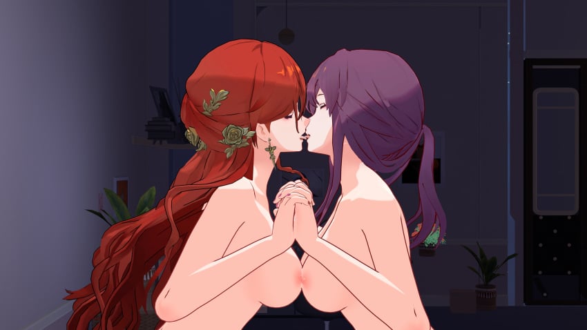 2girls female_only himeko_(honkai:_star_rail) holding_hands honkai:_star_rail kafka_(honkai:_star_rail) kissing tongue_kiss yuri