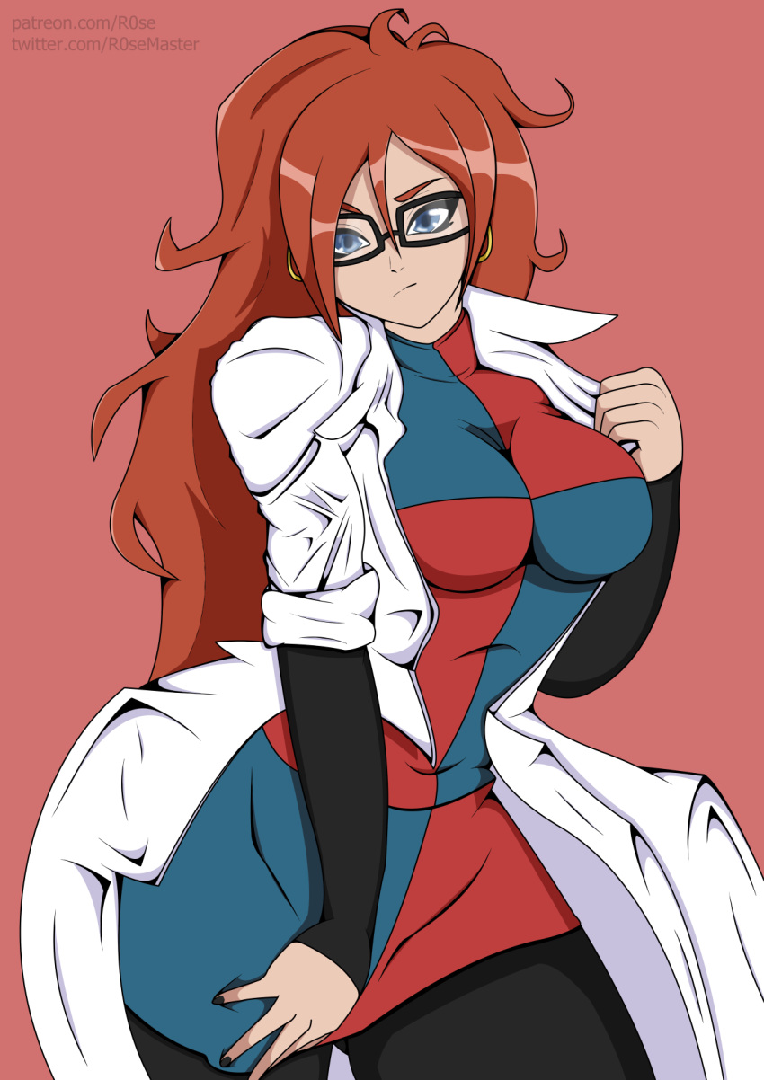 1girls android_21 android_21_(human) auburn_hair big_breasts blue_eyes busty cleavage curvaceous curvy dragon_ball dragon_ball_fighterz dress fully_clothed glasses gynoid hoop_earrings hourglass_figure lab_coat nail_polish no_sunglasses pantyhose r0se red_hair redhead voluptuous wide_hips