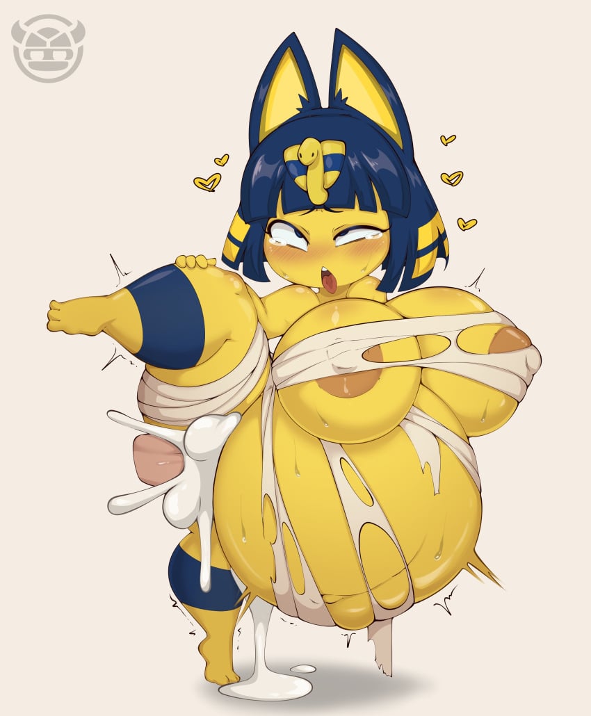 animal_crossing ankha ankha_(animal_crossing) anthro big_belly big_breasts bloated_belly blue_hair blush breast_expansion crying crying_with_eyes_open cum_in_pussy cum_inside cumflation feline female_focus furry mossyartburger nintendo shortstack stomach_bulge tears thick_thighs wide_hips yellow_fur