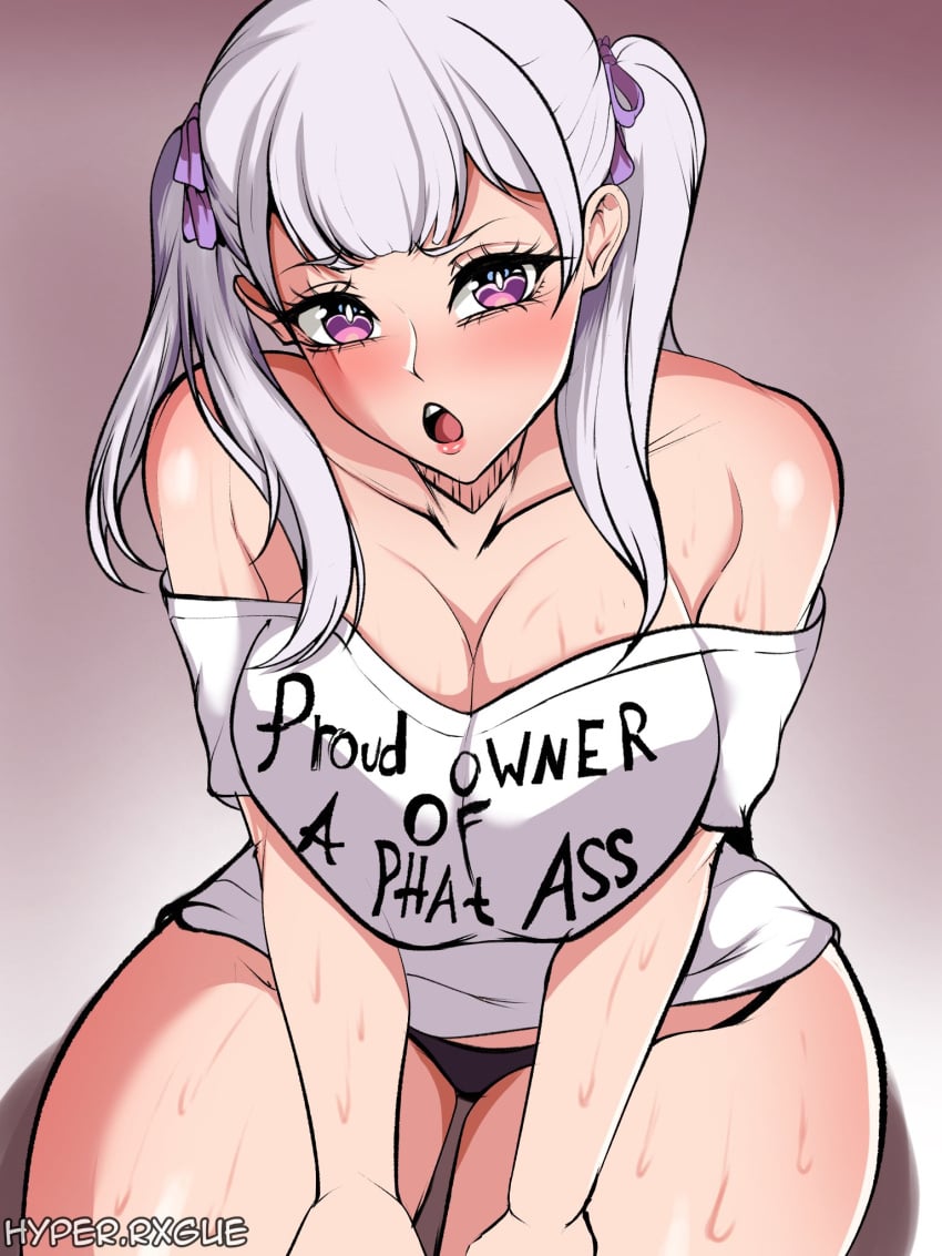 1girls big_breasts black_clover breasts clothing curvy female female_only hi_res huge_breasts hyperrxgue large_breasts noelle_silva purple_eyes shirt silver_hair solo sweat text_on_clothing thick_thighs thighs twintails voluptuous