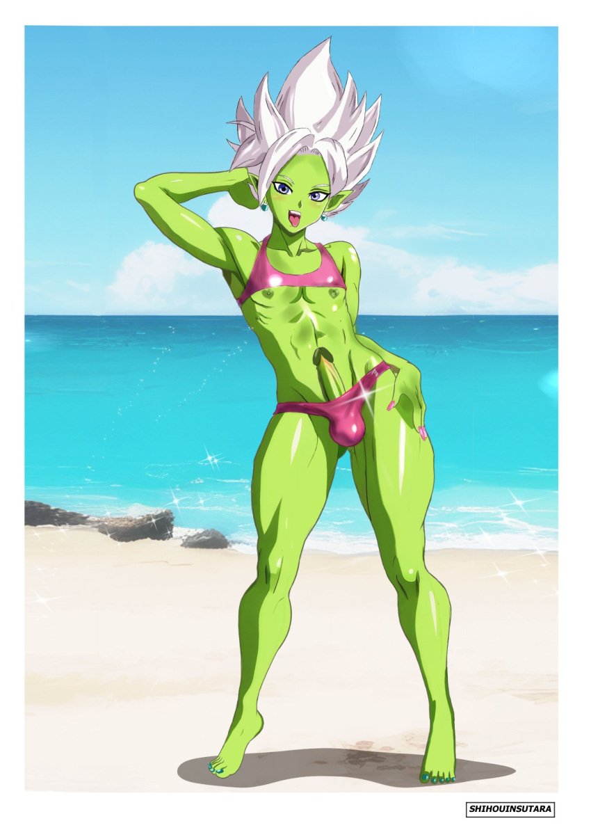 1boy beach bikini crossdressing deity dragon_ball dragon_ball_super femboy fused_zamasu girly green_skin male male_only no_humans non-human potara_earrings potara_fusion shihouinsutara solo solo_male white_hair zamasu