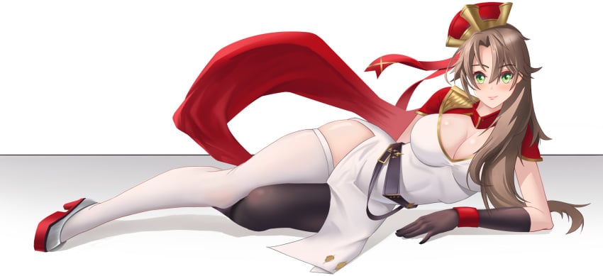 asymmetrical_hair asymmetrical_legwear azur_lane black_pantyhose breasts brown_hair cape cleavage commentary_request elbow_gloves exeter_(azur_lane) exeter_(retrofit)_(azur_lane) female full_body gloves green_eyes hair_between_eyes hat highres large_breasts long_hair lying on_side pantyhose red_cape side_slit simple_background thighhighs thighs white_background white_thighhighs wrist_cuffs yizikifa