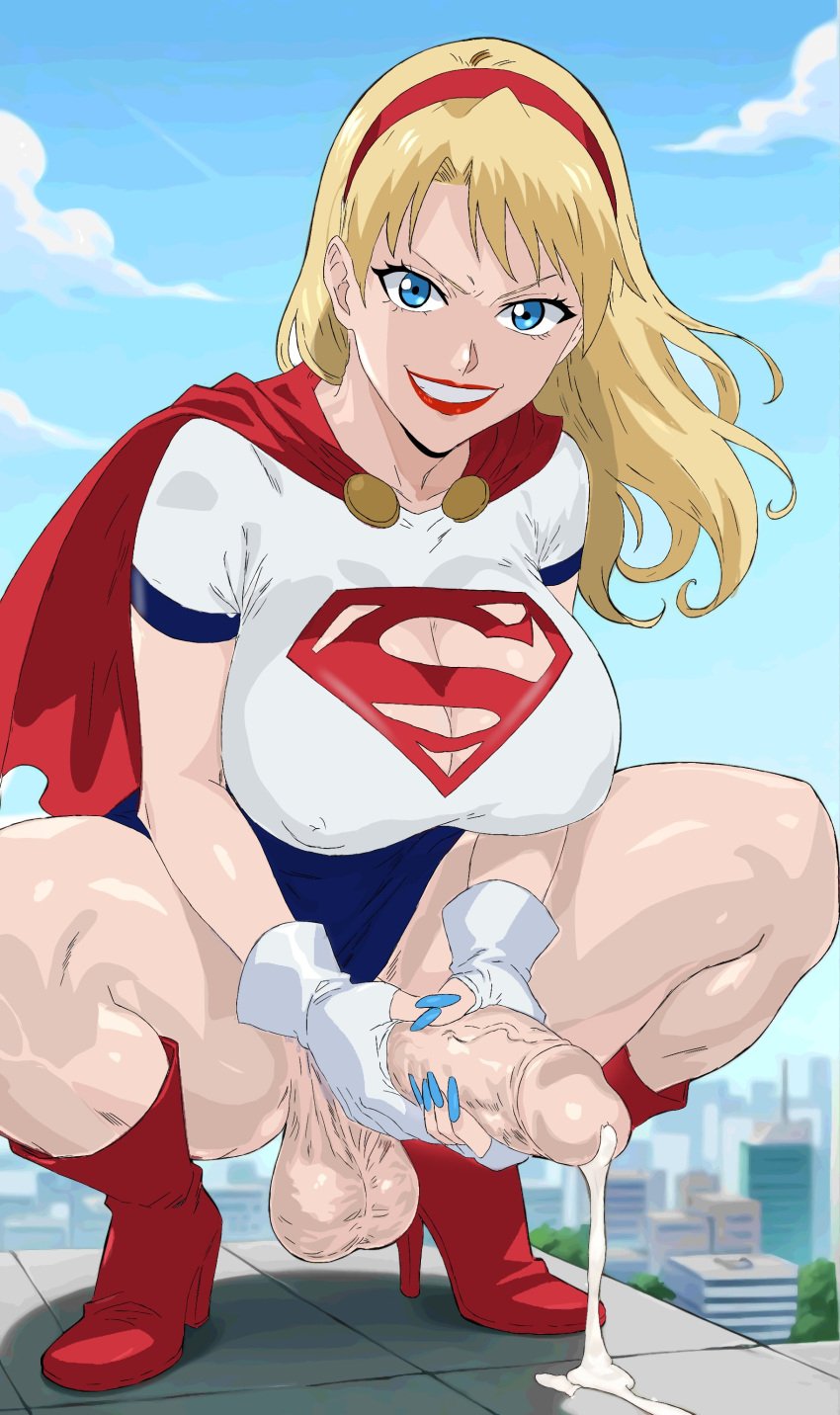 1futa blonde_hair breasts cum dc_comics erection futanari huge_cock light-skinned_futanari light_skin masturbation penis shihouinsutara solo squatting supergirl