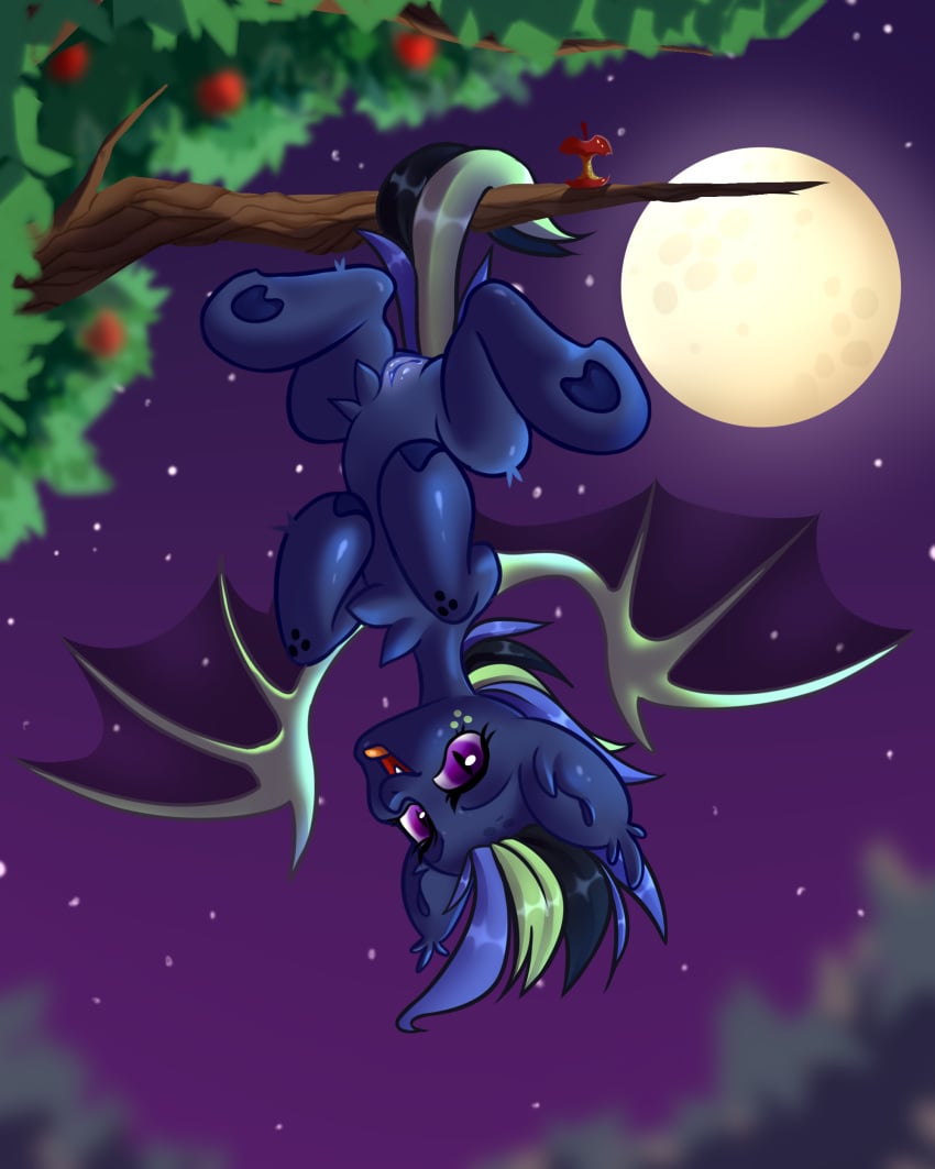 absurd_res apple apple_tree bat_pony bat_wings belly equid equine female feral fluffy food fruit fruit_tree genitals hanging_by_tail hasbro hi_res hooves hooves_in_air horse illkillux2 light mammal membrane_(anatomy) membranous_wings moon moonlight my_little_pony mythological_creature mythological_equine mythology night open_mouth pegasus plant pony pussy sky smile solo spread_legs spread_wings spreading tail tree upside wings